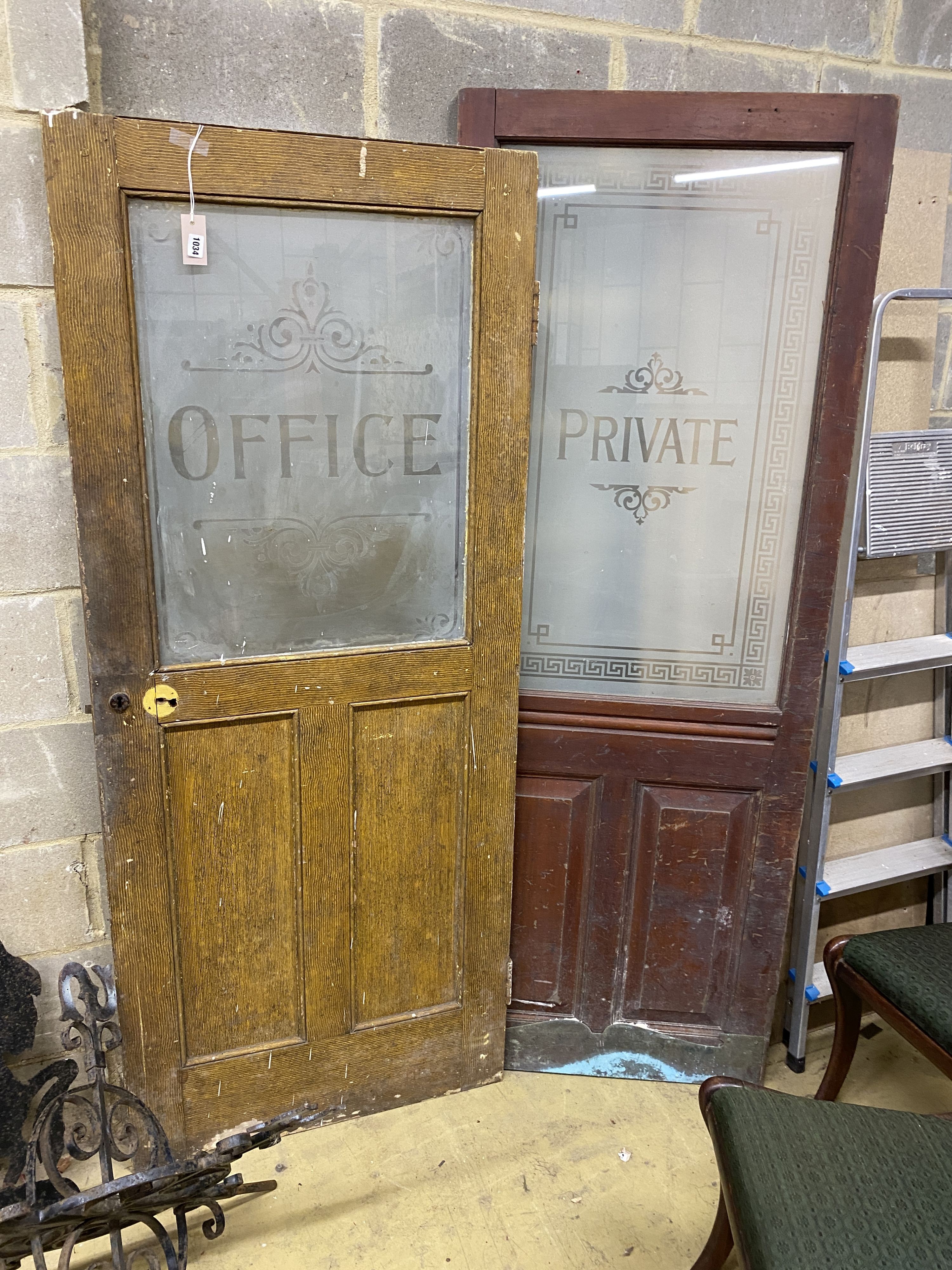Two Victorian internal doors with etched glass panels marked 'Office' and 'Private', larger width 73cm, height 195cm